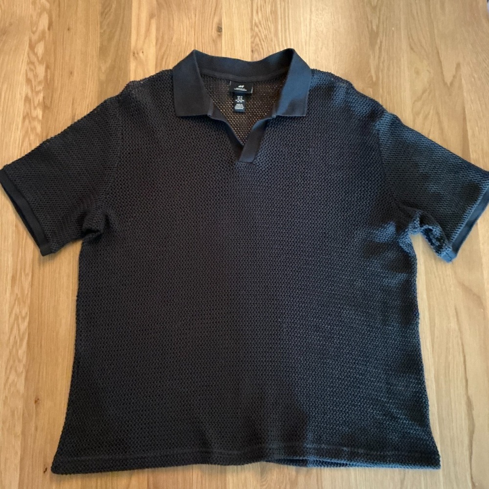 H&M Open Knit Polo Shirt Mens XL Navy Blue Mesh Summer Resort Wear Short Sleeve